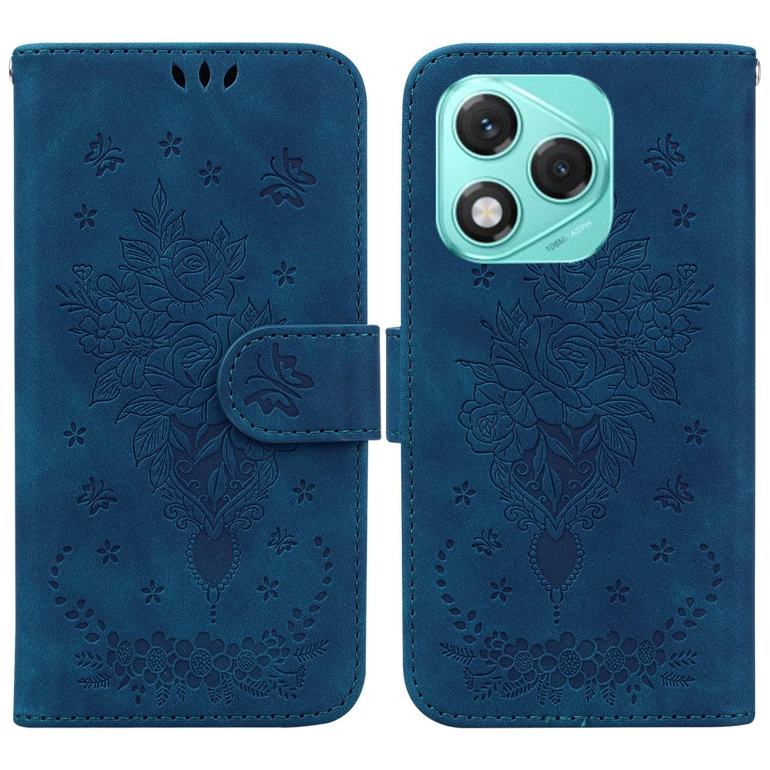

For Honor 400 Lite Case PU Leather Wallet Phone Cover Butterfly Flower Imprint Blue