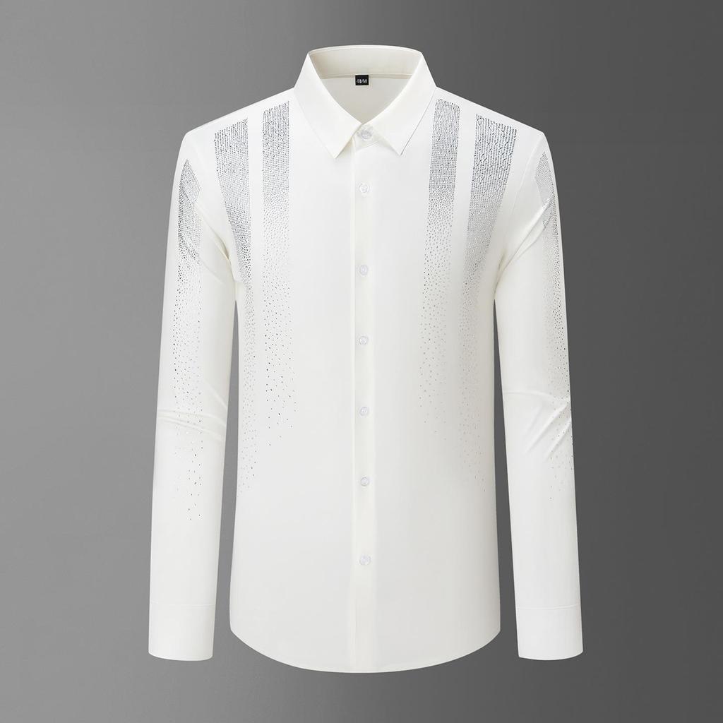 Camicia da uomo di lusso con strass, senza stiro, a maniche lunghe