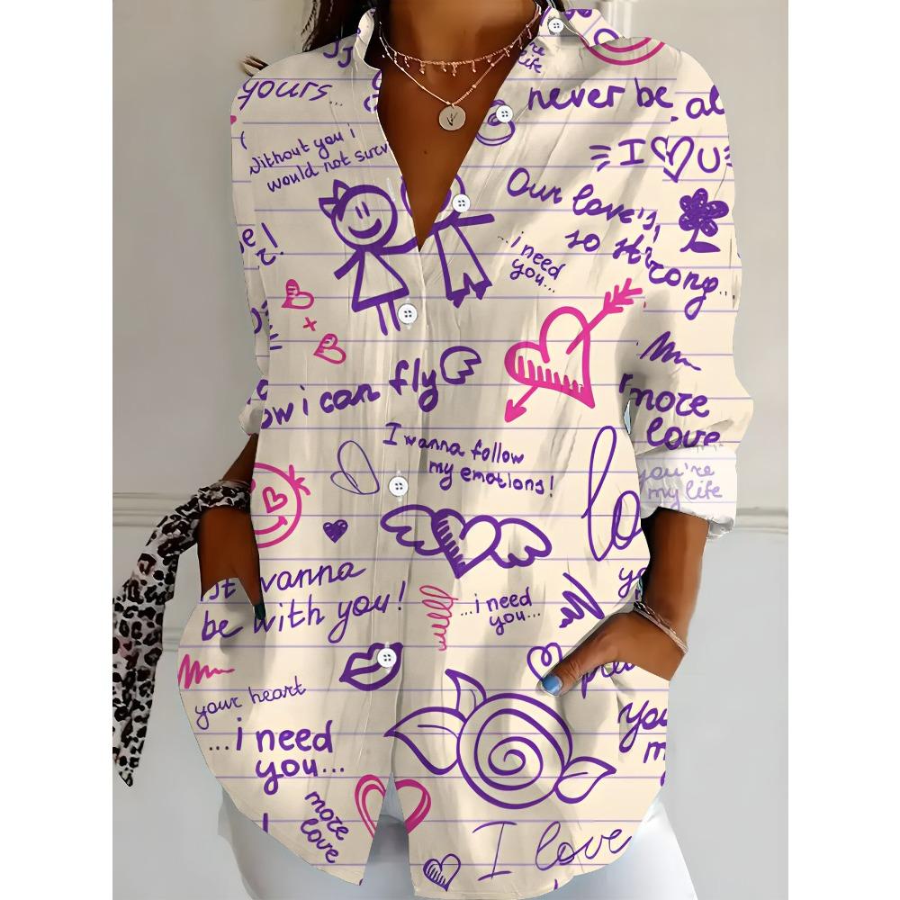 Large size women's long-sleeved shirt, romantic style printed shirt, love element medium and long style