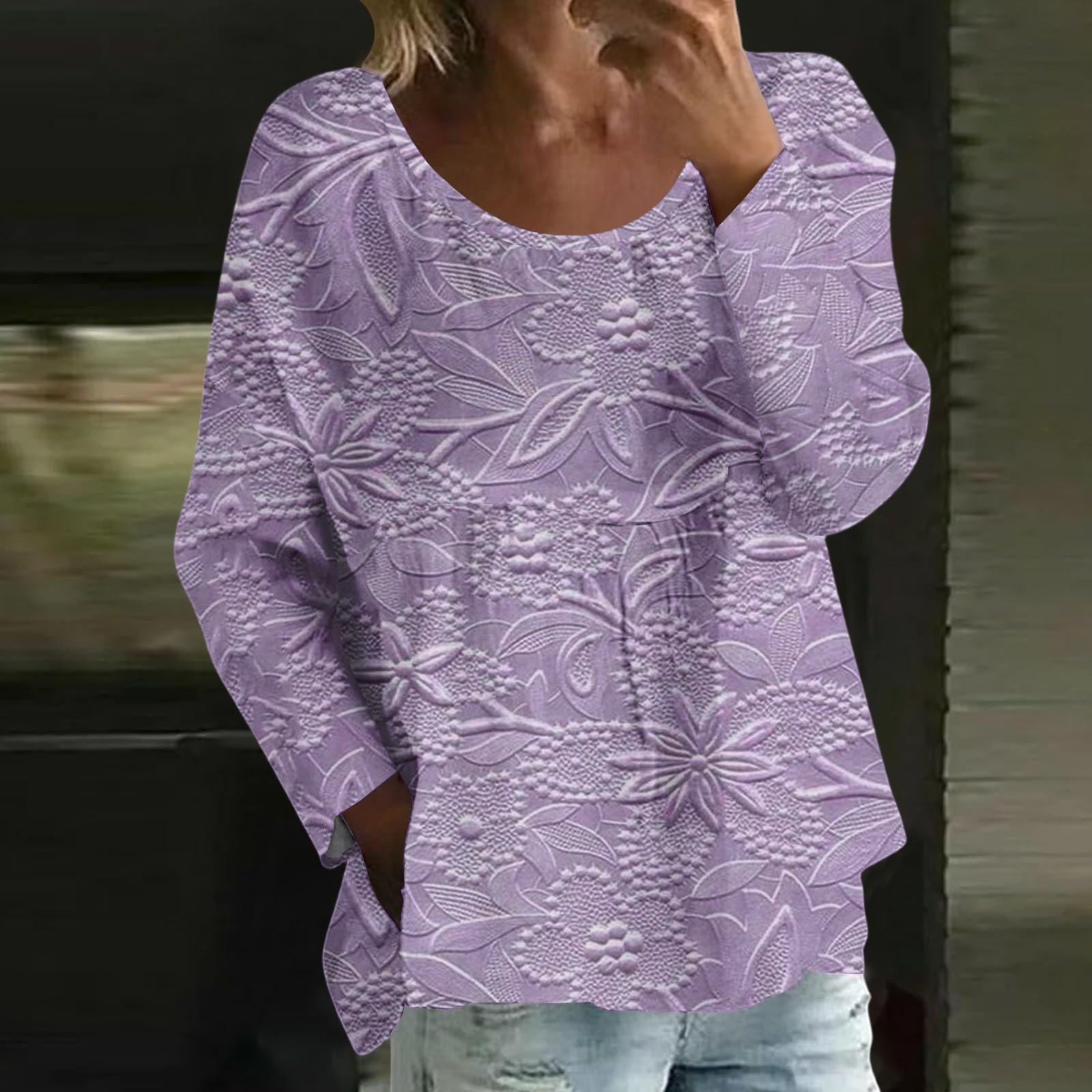 

Women s Casual Fashion Loose Round Neck Floral Print Long Sleeve Top L фіолетовий