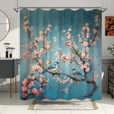 1pc Cherry Blossom & Songbirds Shower Curtain - Realistic Pink Flowers & Blue Birds On Soft Gradient Polyester Fabric, Machine