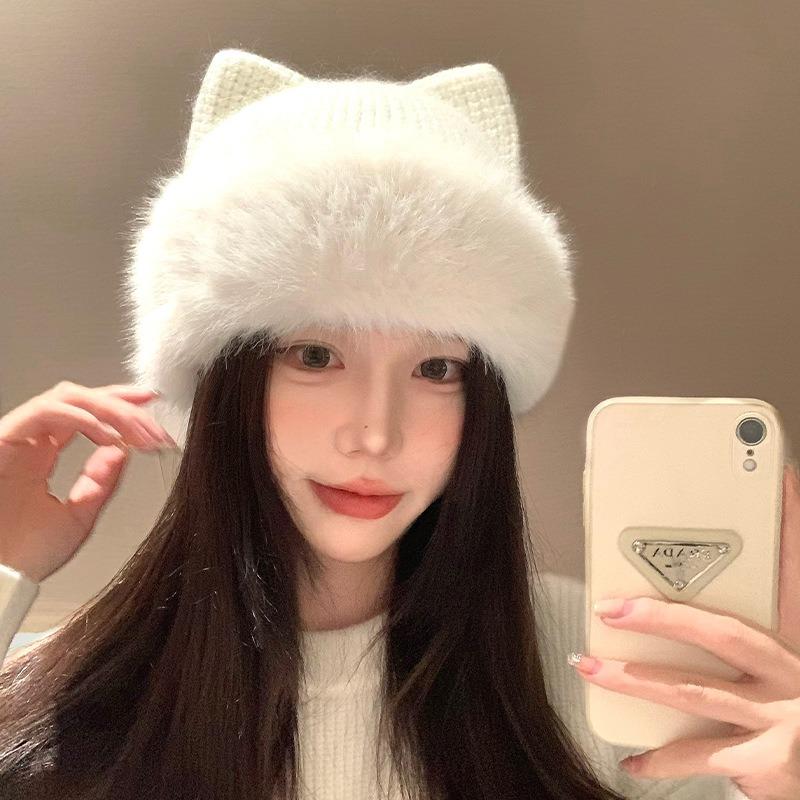 Women Winter Knit Hat With Cute Cat Ears Thick Warm Ear Protection