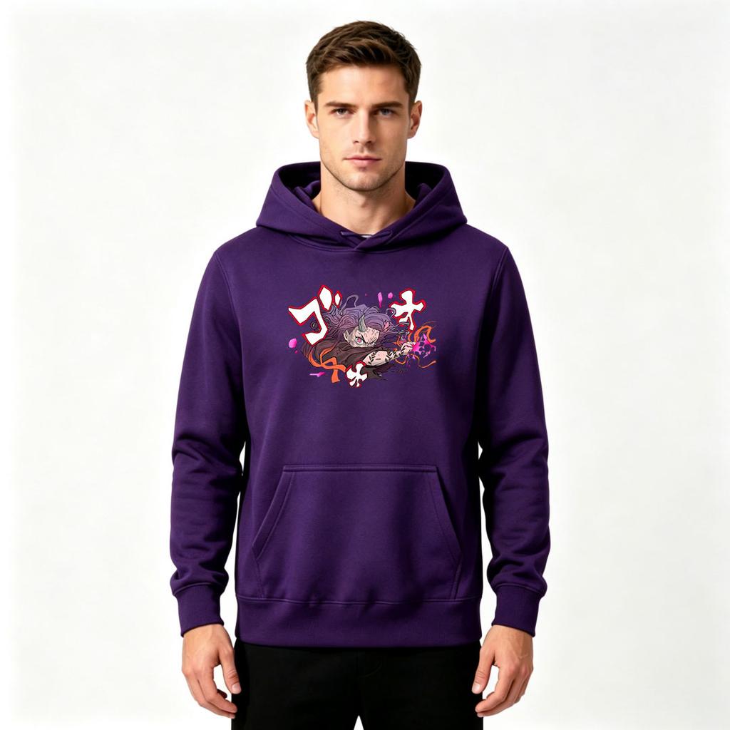 Men Anime Print Pullover Hoodie Casual Purple Hair Demon Character Graphic Long Sleeve Sweatshirt