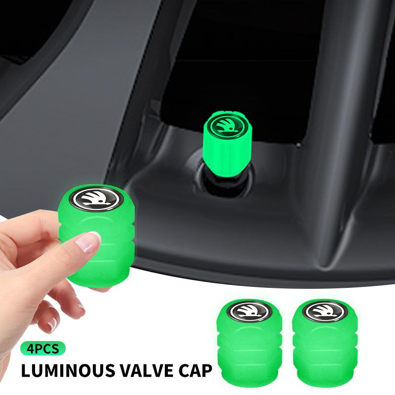 4PCS Luminous Car Tire Valve Cap Fluorescent Night Glowing Decor For Skoda Rapid Octavia A5 S Kodiaq Fabia A7 Octavia VII