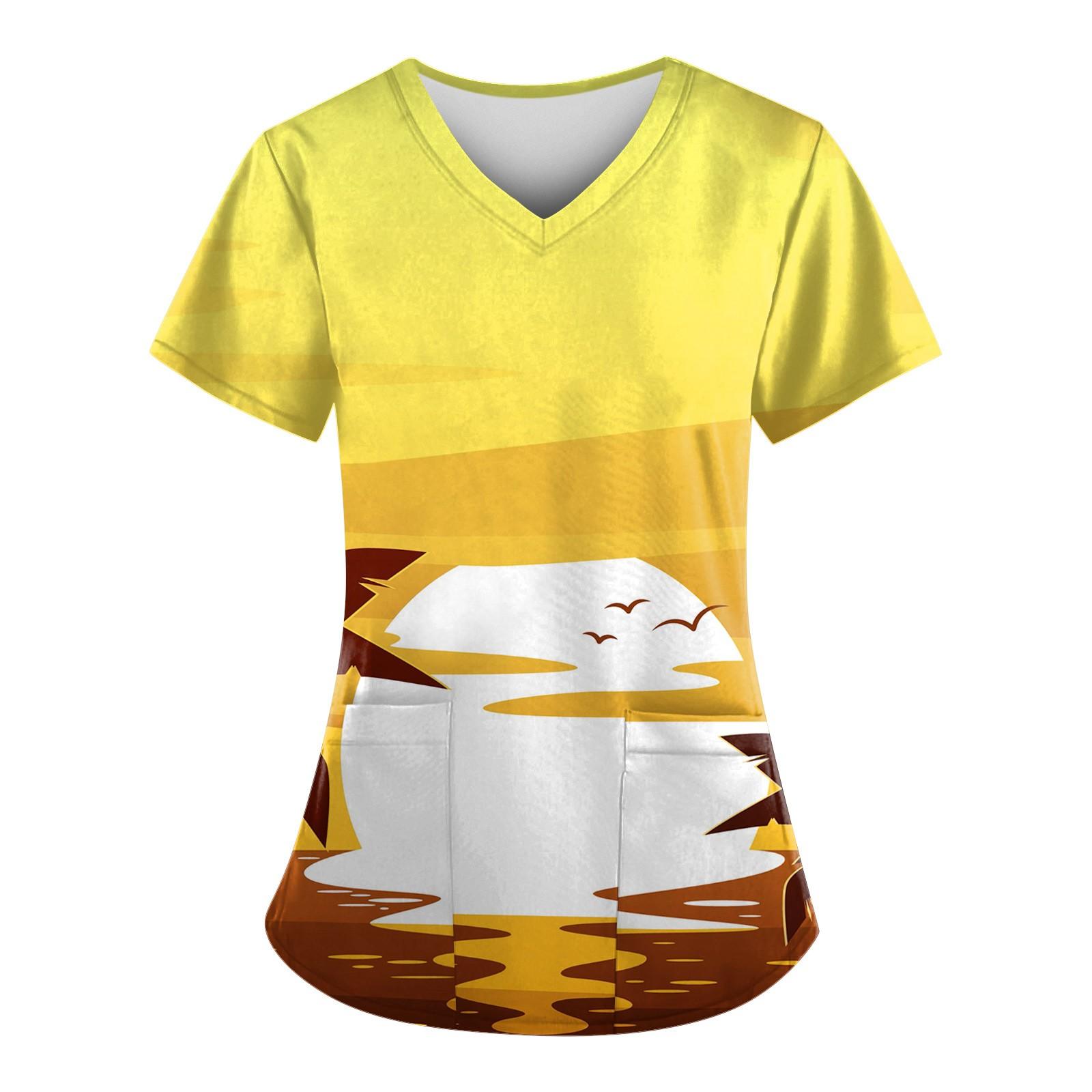 

Женская рабочая униформа с принтом в гавайском стиле, рабочая защитная рабочая форма с v-образным вырезом и карманами XL жёлтый