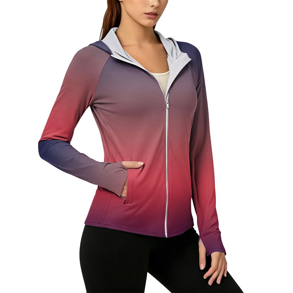 Felpa con Zip e Cappuccio da Donna Leggera con Tasche Manica Lunga Stampa Degradé Giacca Protezione Solare per Attività all'Aperto