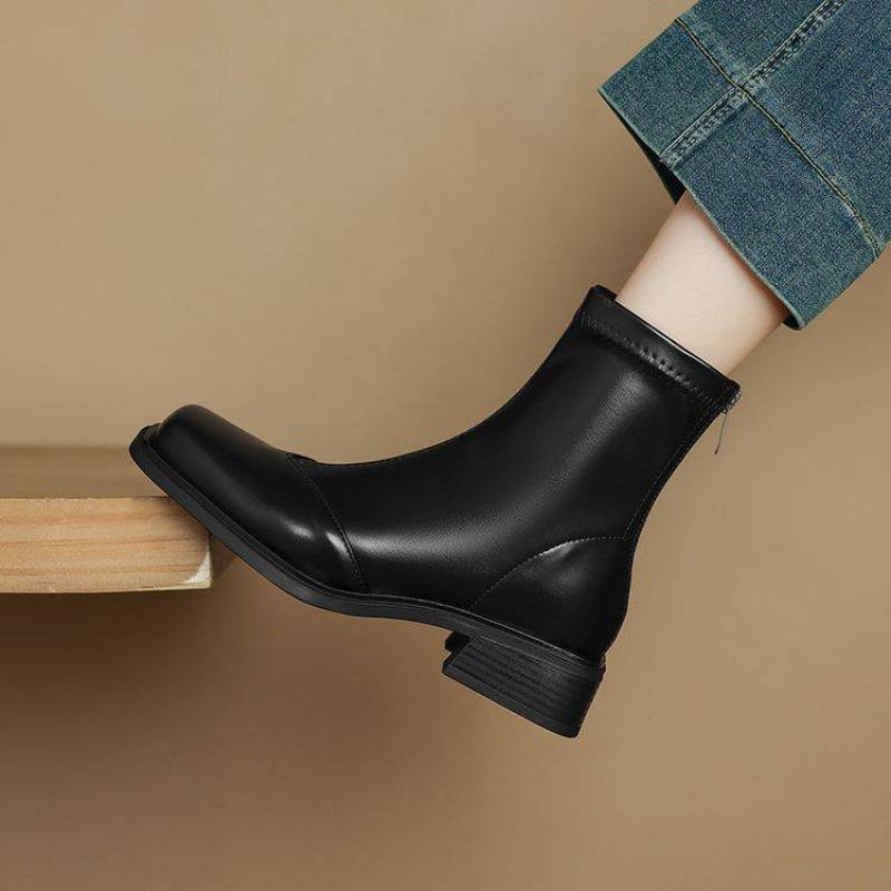 Autumn and winter women's knight boots comfortable large size women's boots middle heel round head rear zipper new leather solid color medium boots