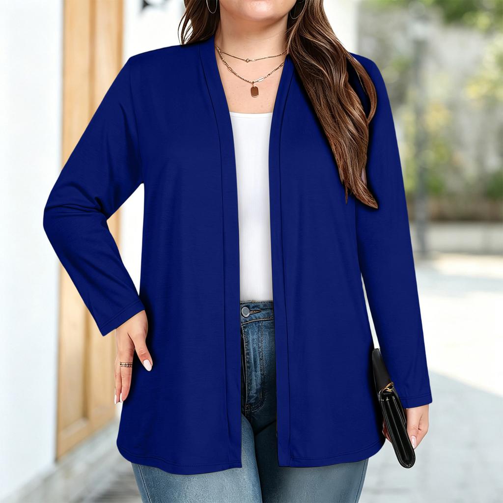Women's Plus Size Soft Milk Silk Cardigan with Three-Quarter Sleeves and Pockets for Casual Everyday Wear