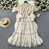 Court style niche high-end lace splicing waist dress female French slim print embroidery fairy dress