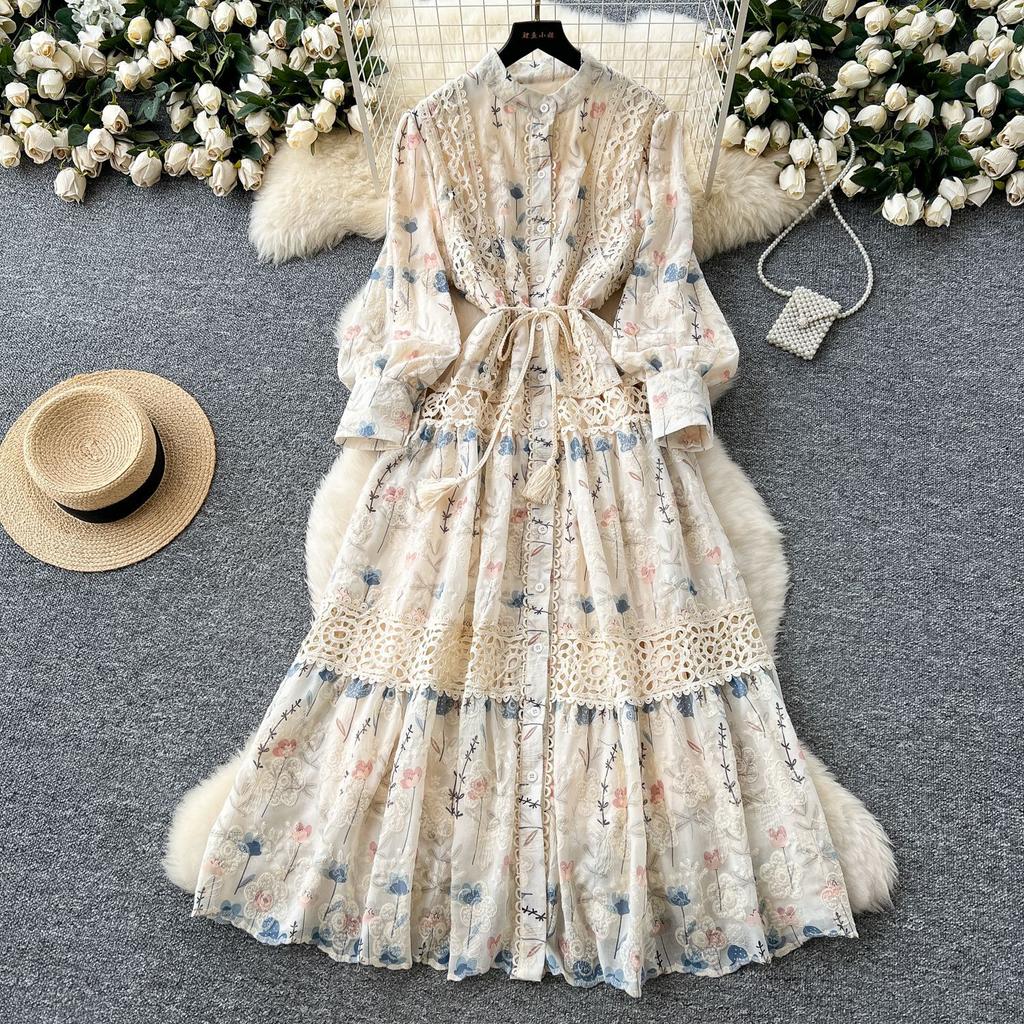 Court style niche high-end lace splicing waist dress female French slim print embroidery fairy dress