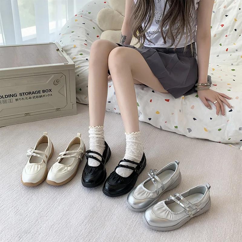 Silver Mary Jane Shoes for Women Sneakers New Fashion Bowknot Belt Buckle Casual Shoes Soft Leather Platform Walking Flats