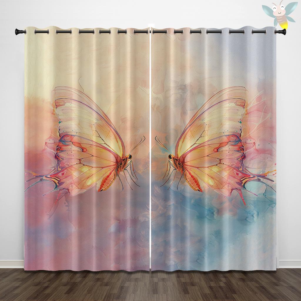2 pieces of colorful butterfly patterned printed curtains, used for decoration, bedrooms, and living rooms