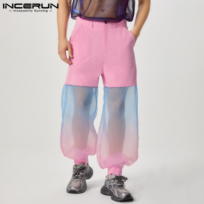

INCERUN Мужские сетчатые брюки в стиле пэчворк с градиентным узором тай-дай и высокой талией, прозрачные брюки 3XL розовый