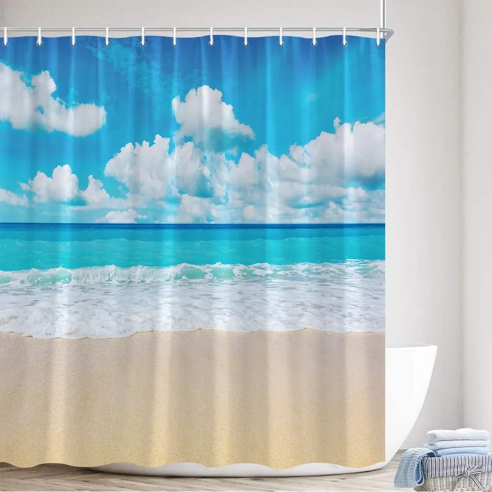 Dusk Sea Wave Beach Shower Curtains Creative Splicing Starfish Sailboat Blue Wooden Board Landscape Home Decor Bathroom Curtain