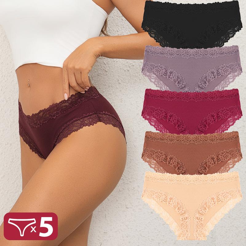 5PCS Cotton Panties Women Floral Lace Briefs Seamless Sexy Lingerie Low Rise Elastic Underpants Female Breathable Soft