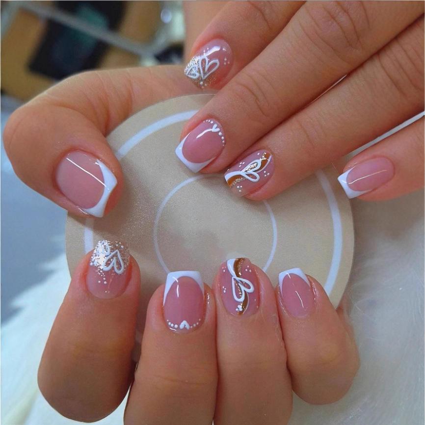 Valentine's Day Heart & Stripe Nail Art Stickers - Short Press-On French Manicure