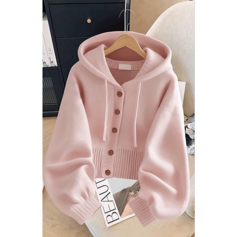 Women's Pink Knitted Hooded Cardigan - Soft & Loose, Korean Style Sweater for Spring & Autumn