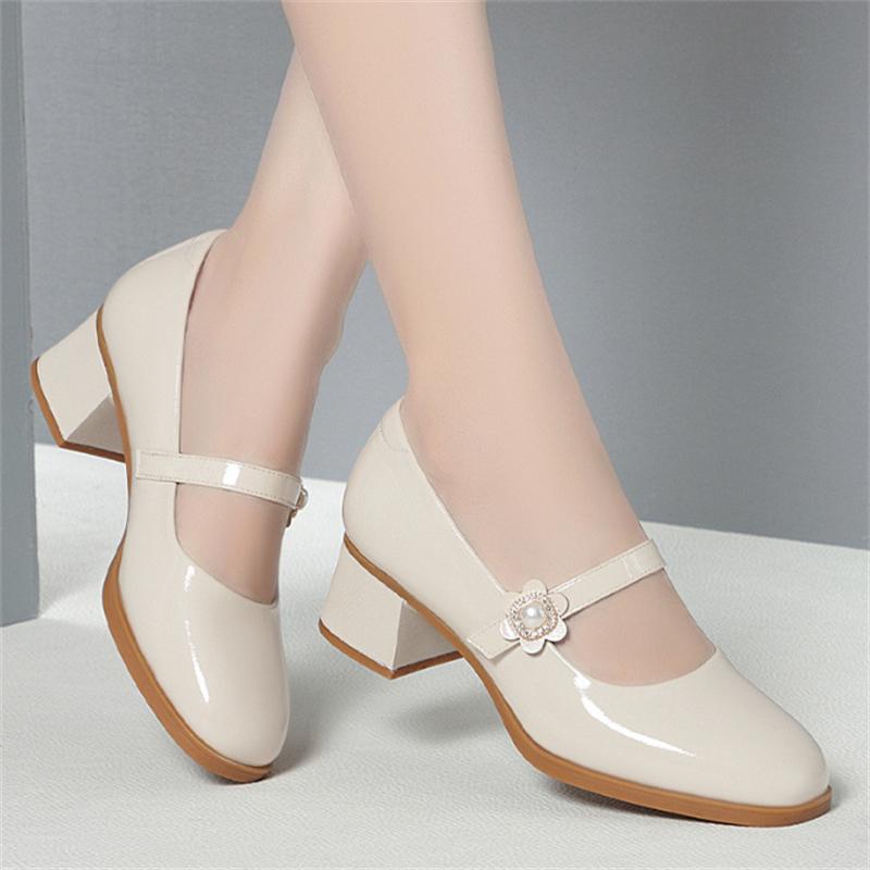 Women Fashion Sweet High Quality High Heel Shoes Female Round Toe Leather Shoes Non-slip Spring Loafers Ladies Party Office Shoe