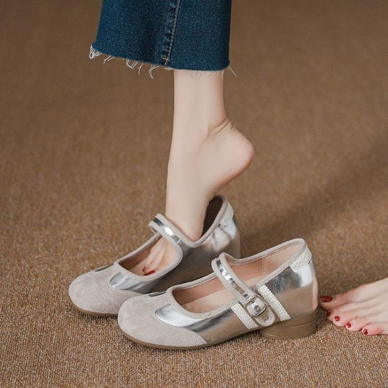 Autumn Small Man Inner Height Increase Silver One-word Buckle with Mary Jane Shoes Light Mouth Thick Heel Retro Single Shoes