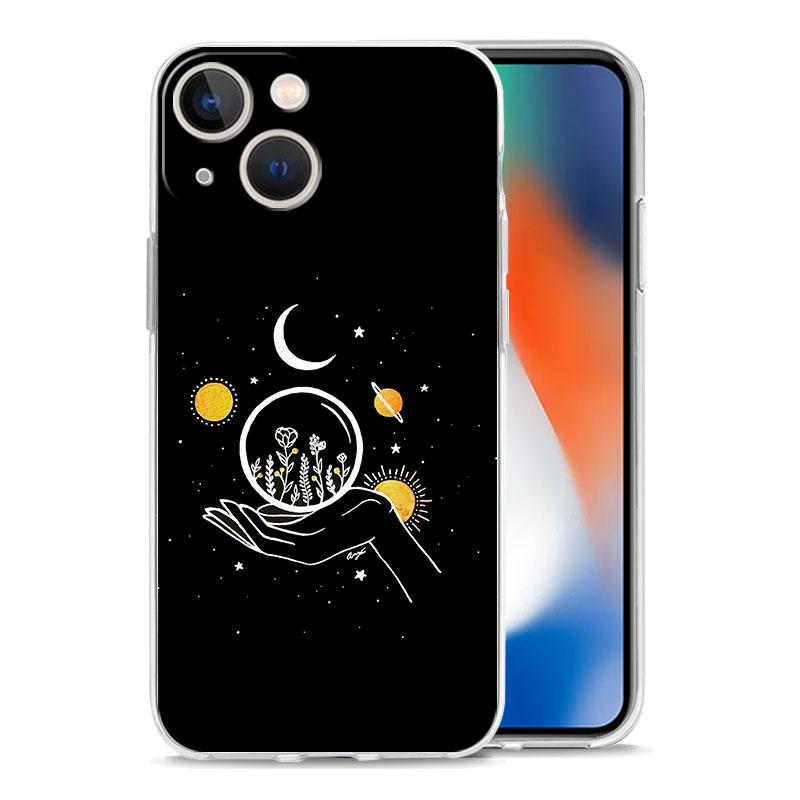 Phone Case For iPhone 15 14 13 12 Mini 11 Pro Max XS X XR 7 8 Plus Clear Shockproof TPU Cover Simplicity Line Art Sun Moon