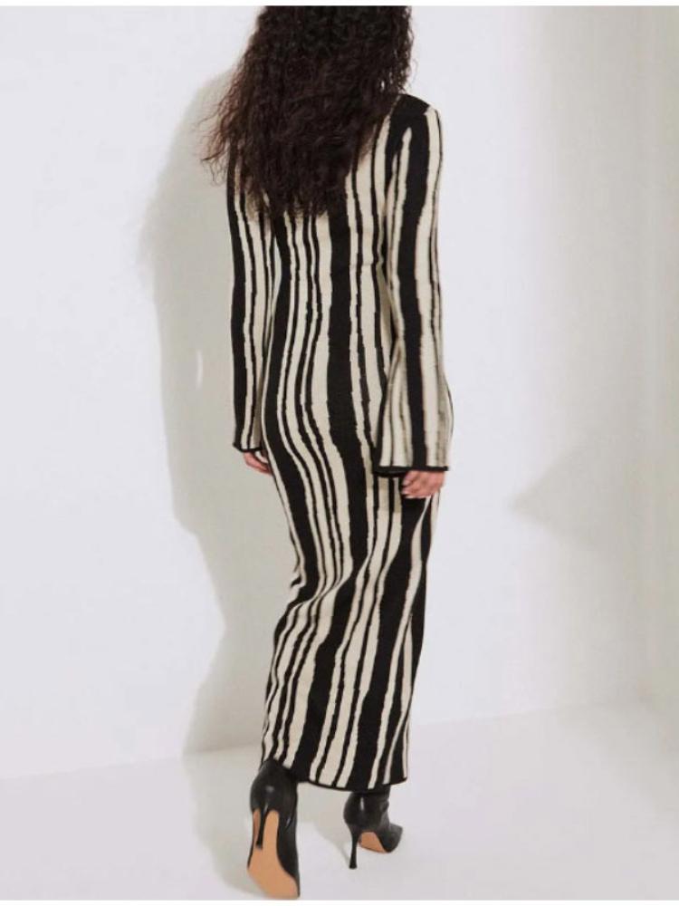 Frauen Gestreiftes Gestricktes Kleid Elegante Oansatz Flare Lange Hülse, Figurbetontes Kleid Damen Mode Streetwear Party Kleider