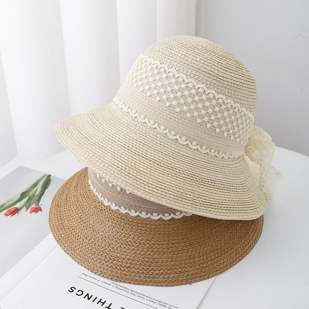 New Big Lace Summer Straw Hat Big Eaves Women's Hat Pot Hat Beach Hat Sunshade Sun Protection Versatile Bow Hat