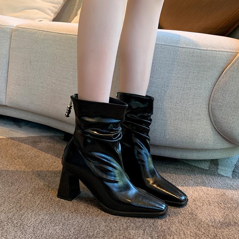Thick legs widened large tube circumference short boots women's autumn and winter new pleated square head high heel large size women's shoes