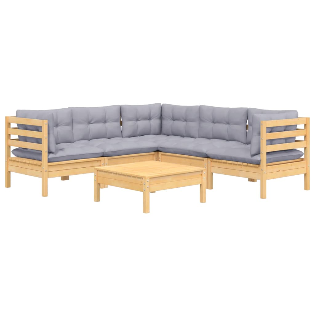 Vidaxl 6-Cz. Garden Lounge Set, Grey Cushions, Pine