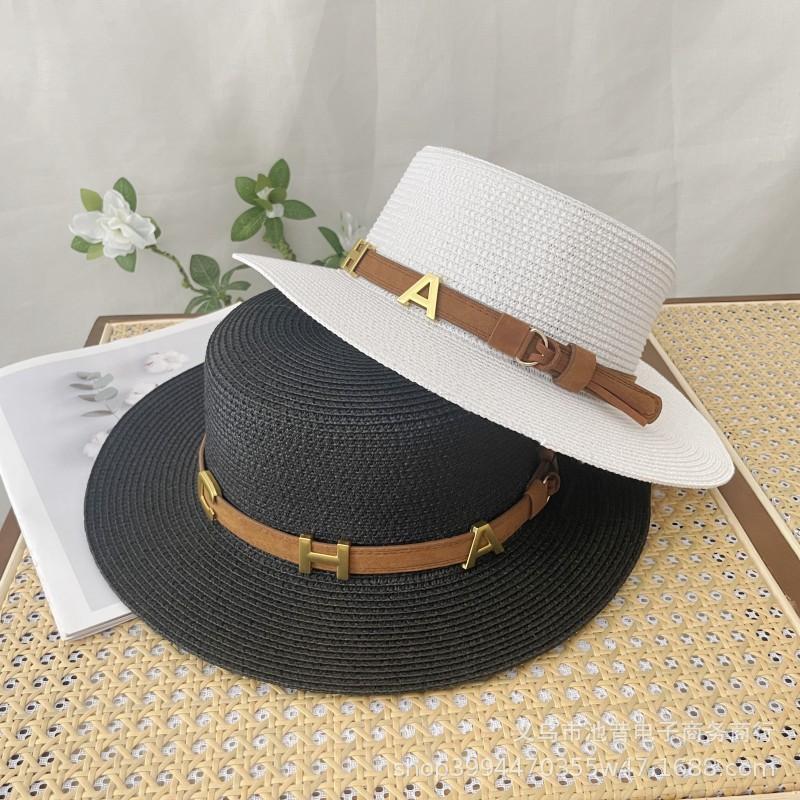 French retro flat top straw hat letter belt summer women's fashion British Hepburn vacation beach sun hat men