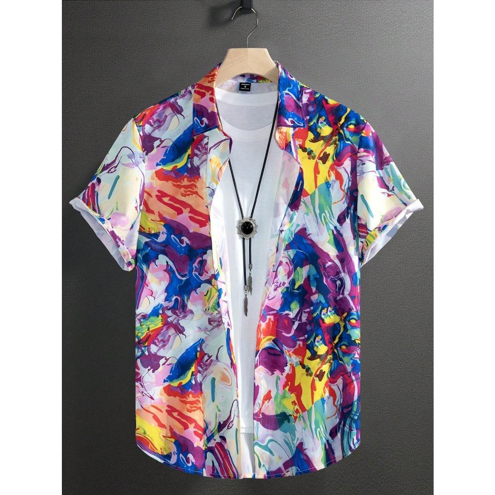 Manfinity Hypemode Men's Summer Casual Holiday Color Block Button Down Short Sleeve Shirt, Slim Fit Graphic Colorful Shirt For Husband