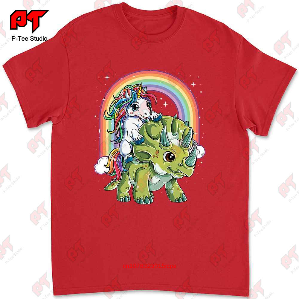 Unicorn Riding Dinosaur Triceratops Rainbow Tshirt JW3K S