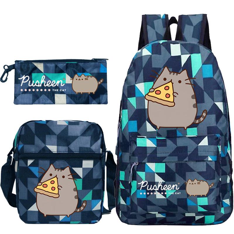 Pusheen fette Katze niedlicher Cartoon bedruckter Schulranzen grenzüberschreitende Studenten tragbare Umhängetasche Federmäppchen dreiteiliges Set