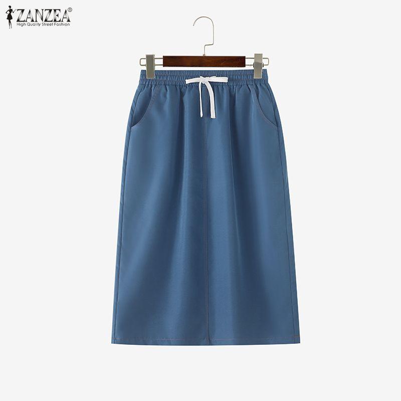 ZANZEA Women Casual Elastic Waist Solid Color Loose Drawstring Midi Skirts M синий