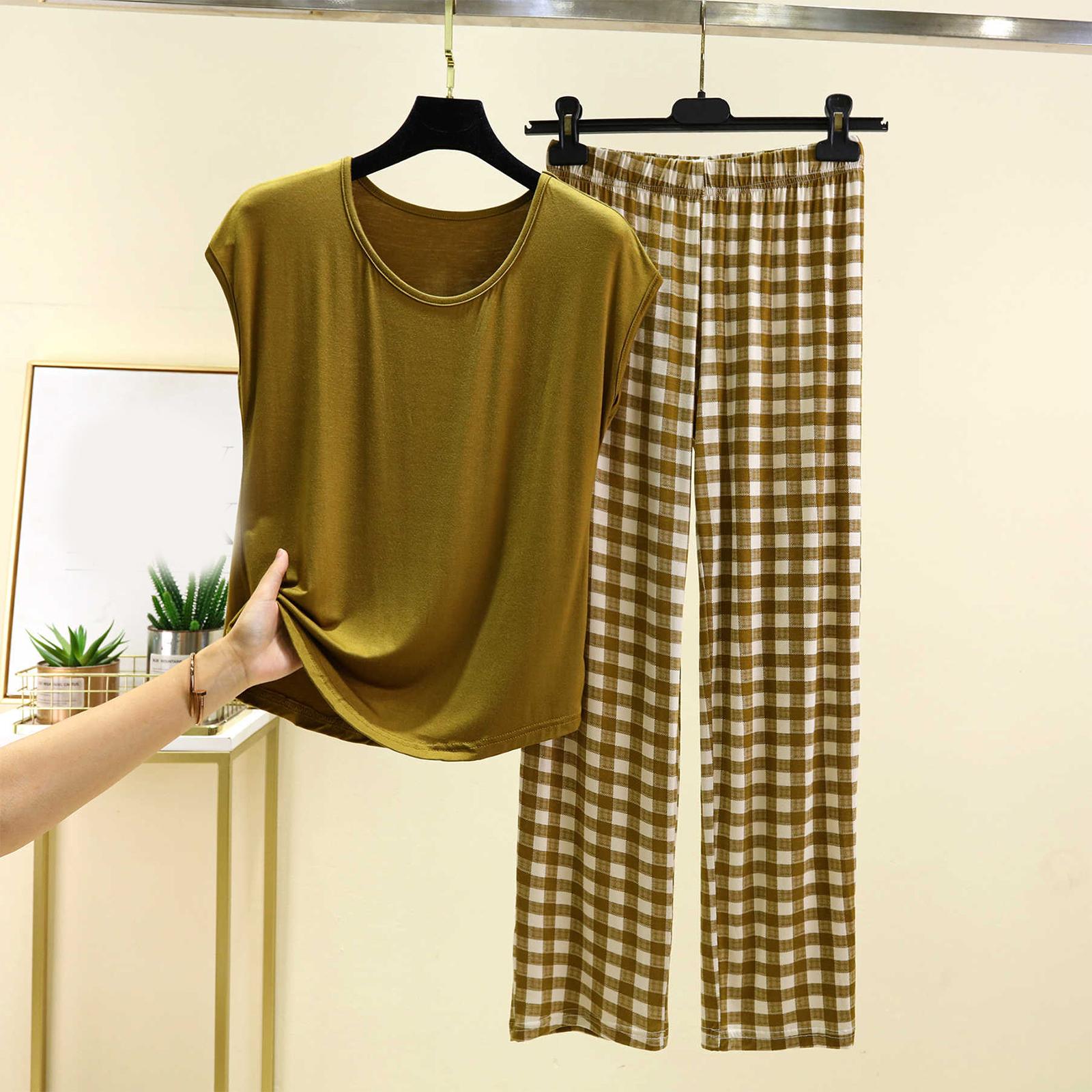 

Женский повседневный и удобный топ с круглым вырезом однотонной расцветки и брюки с клетчатым принтом большого размера XL верблюд