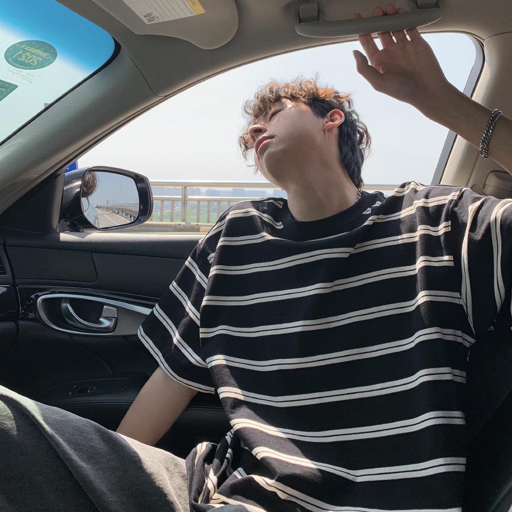 Men's Japanese Retro Color Block Striped Short Sleeve T-shirt