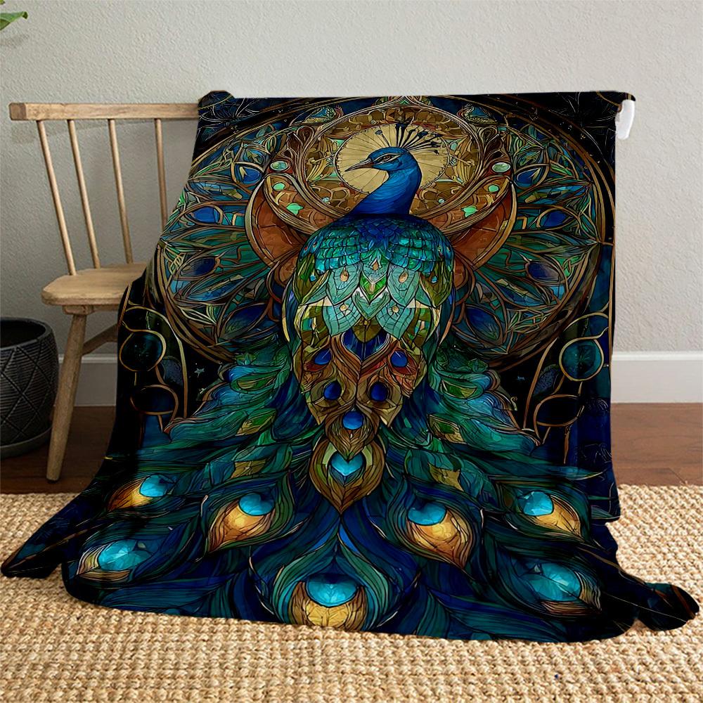 1PC Peacock Stained Glass Outdoor Flannel Blanket  Soft Plush Decor for Picnics, camping,Bedroom, Playroom, Lightweight , All Season1194A