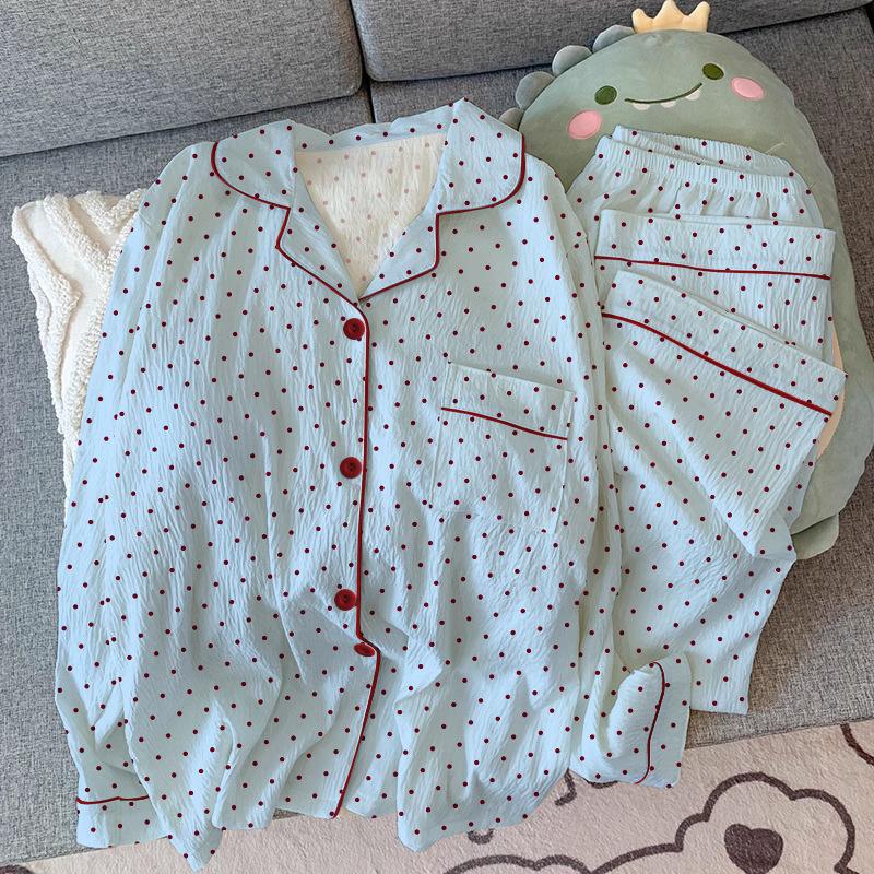 Light Luxury Pajamas Women'S Spring Wrinkled Cloth Long-Sleeved Trousers Thin Sweet Polka Dot Suit Can Be Worn Outside Loungewear
