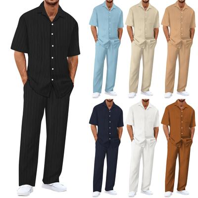 Men's Summer Hawaiian Stripe Textured Button Shirt Trousers Set