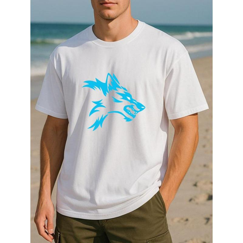 European Sizes Blue Trendy Wolf Head Print | Versatile Daily Top, Short-Sleeved, Casual Fit, Crew Neck, Medium Stretch Fabric