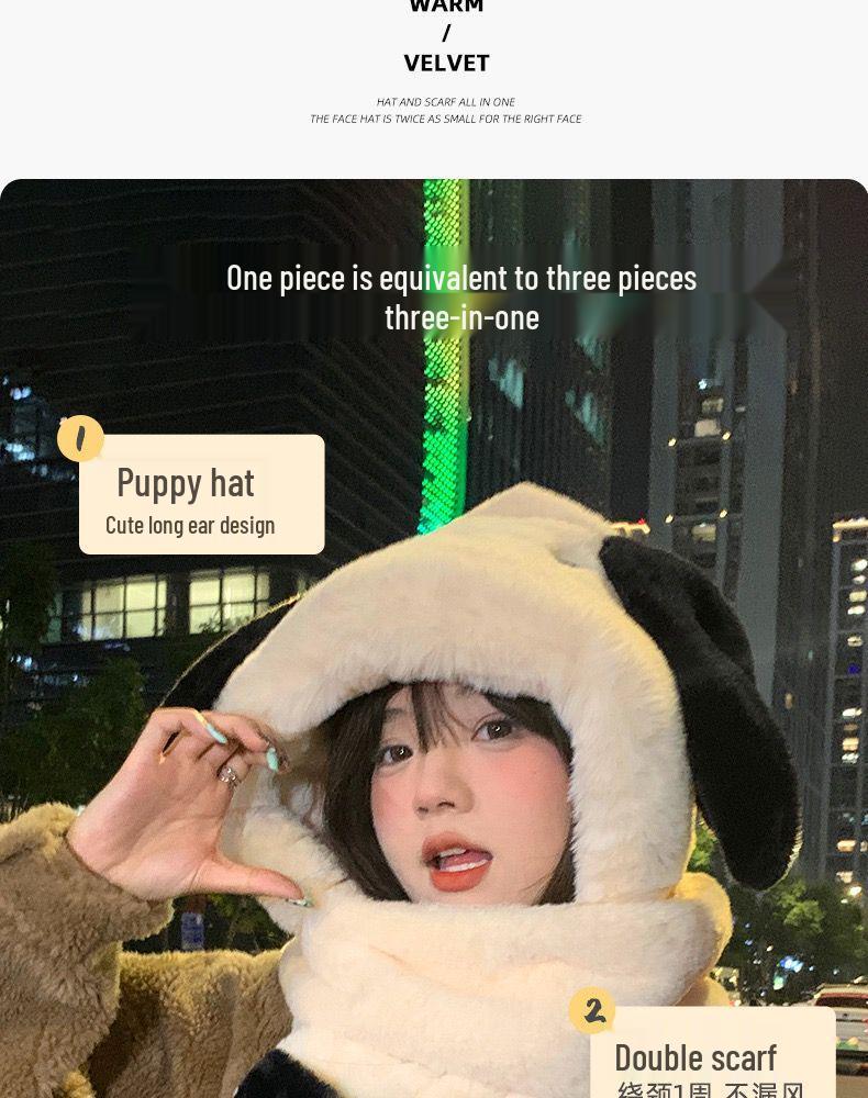 Women's Cute Bear Plush Hooded Snood with Warm Gloves and Scarf Set