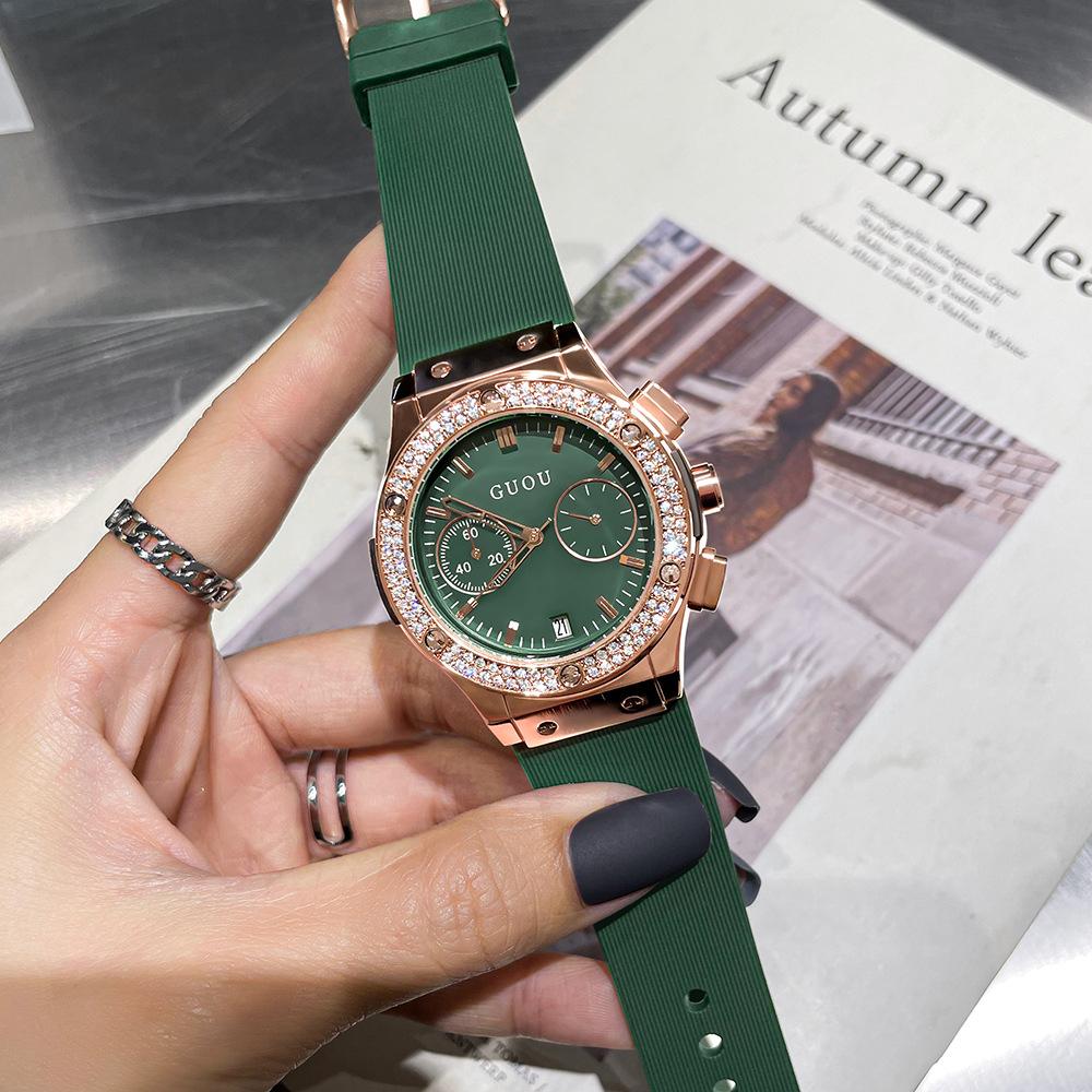 Women's Watch with Large Dial, Personalized Silicone Watch Strap, Multifunctional Trendy Rhinestone Watch with Calendar for Women