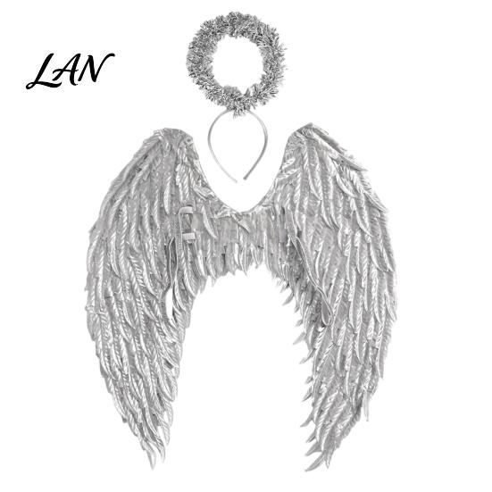 Dark Guardian Angel Wings Costume for Kids, Feathered Wing Dress Up Elastic Strap Cosplay Accessory Fancy Dress, Halloween Party, Performance