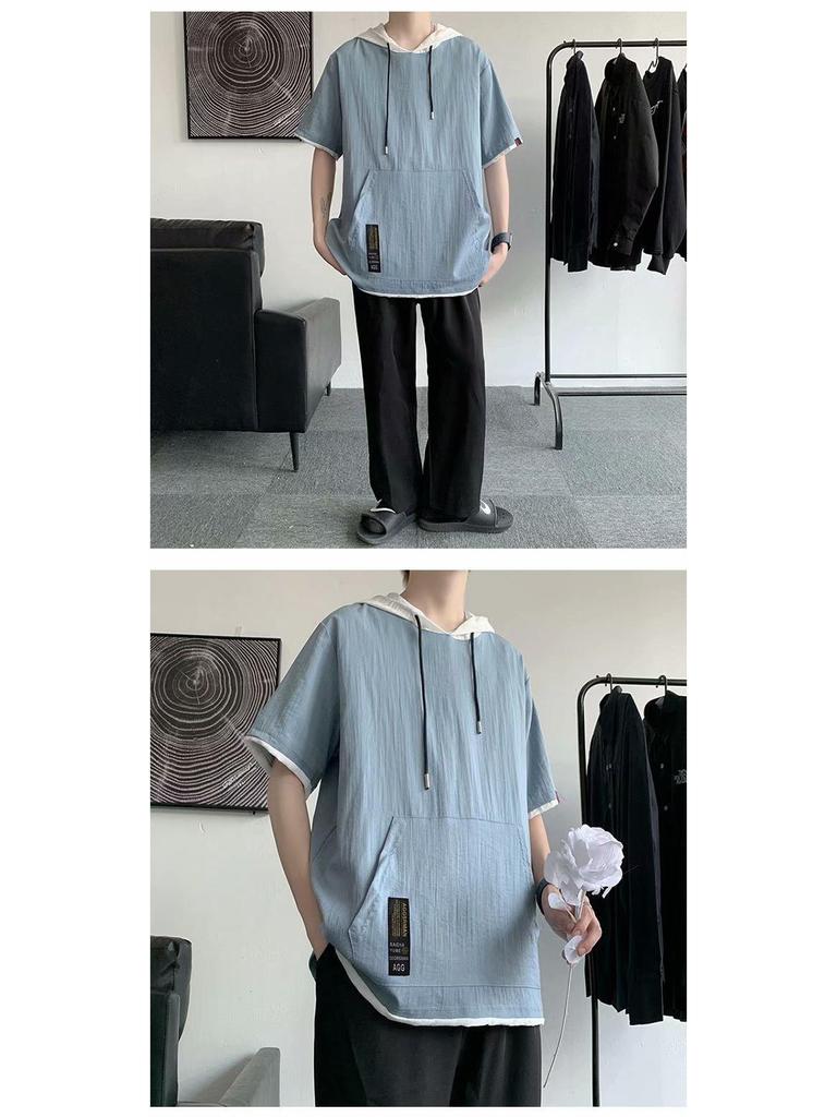 Men's Hooded Ice Silk Contrast Color Two-Piece Short Sleeve T-Shirt, Hong Kong Style, Loose Summer Trend.