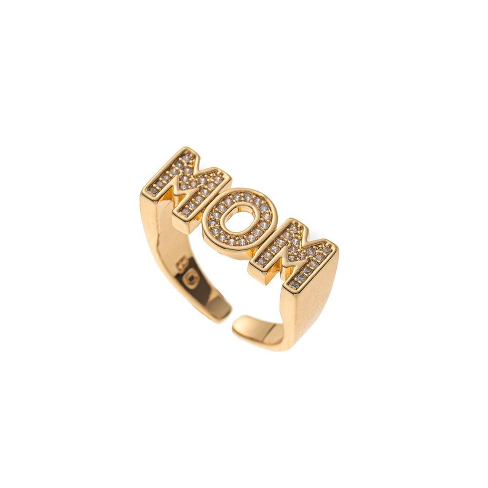 

Aesthetic MOM Ring Zinc Zinc Alloy Gift for Mother s Day Trendy Zircon Letter Ring Mom Gift Gold-Transparent Zircon