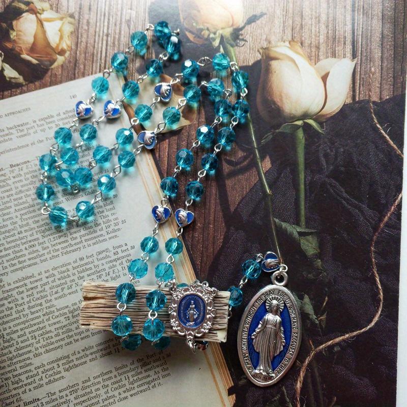1PC Blue Crystal Rosary Virgin Pendant Necklace for Men Women Religious Jewelry