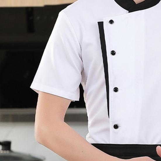 Chef Uniform Apron Hat Set Stand Collar Short Sleeve Chef Apparel with Multi-Pocket Design Patchwork Color Kitchen Staff Clothing