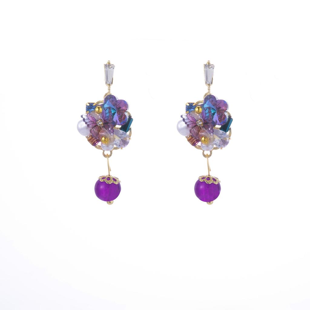 Niche Design Stud Earrings Female Purple Butterfly Flower Crystal Fringed Earrings Diamond Pearl Unique Earrings