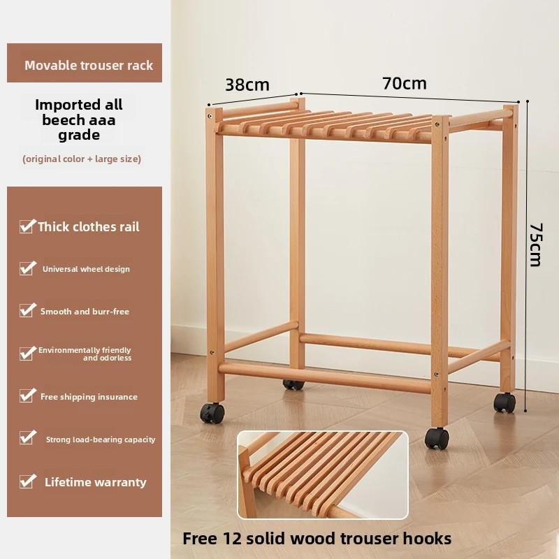 Solid Wood Pant Rack - Foldable Garment Organizer with 10 Hangers, Rolling Trouser Holder for Walk-In Closet, Bedroom & Laundry