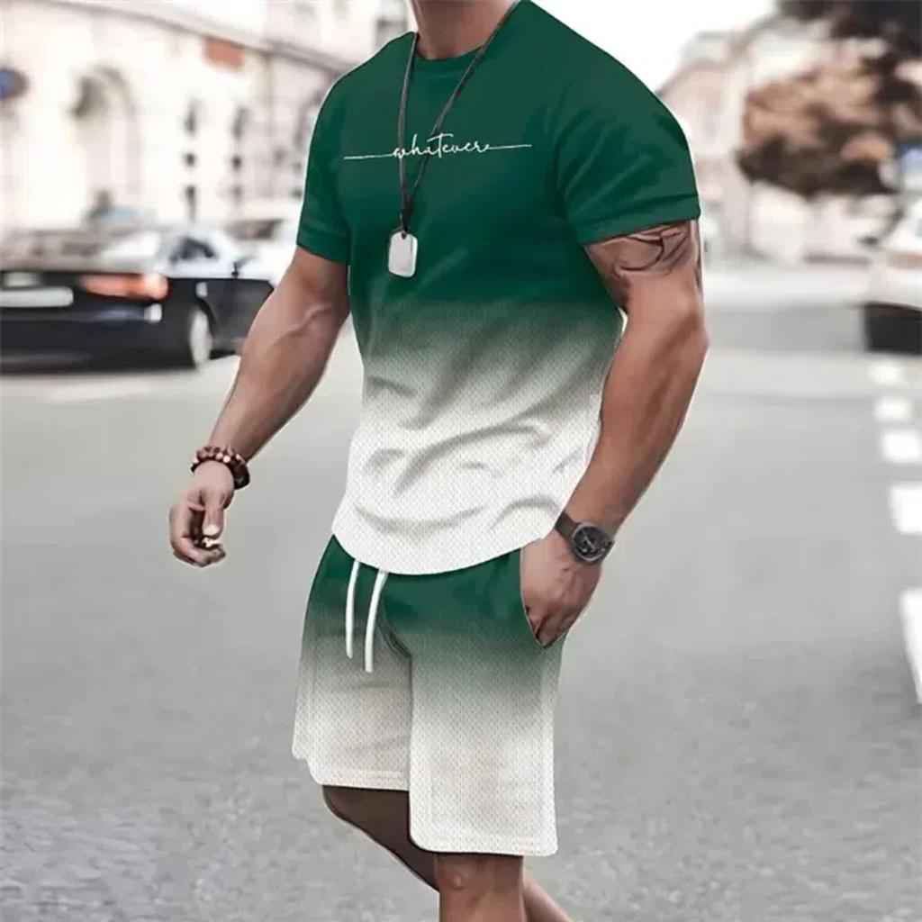 Summer Men's Simple Letter Printed Pattern Short Sleeve Shorts Set Summer Men's Street Round Neck T-Shirt Drawstring Shorts Set