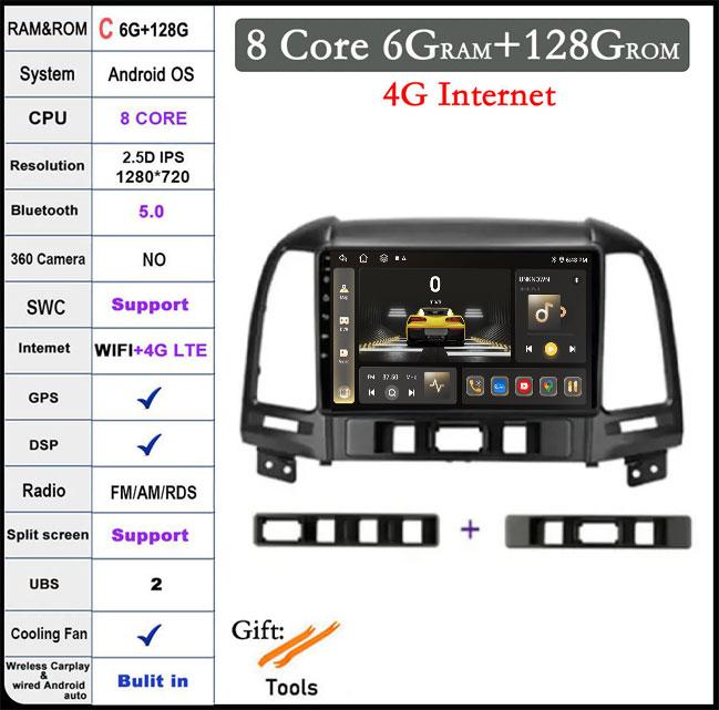 QLED IPS DSP Android 14 For Hyundai Santa Fe 2 2006-2012 Car Wifi 4G Auto Player Radio Multimedia Video Player Navigation